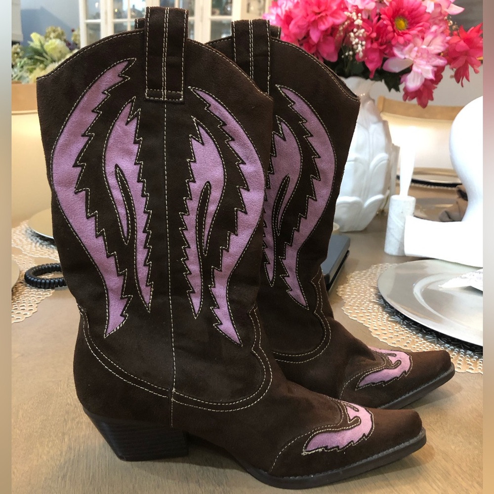 Women’s Girls Teen Faux Suede Western Cowgirl Cowboy Pointed Toe Heel Boots